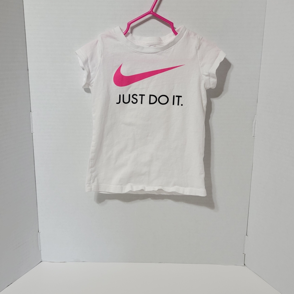 Nike Girls “Just Do It” Tee White Pink Logo Size 4T